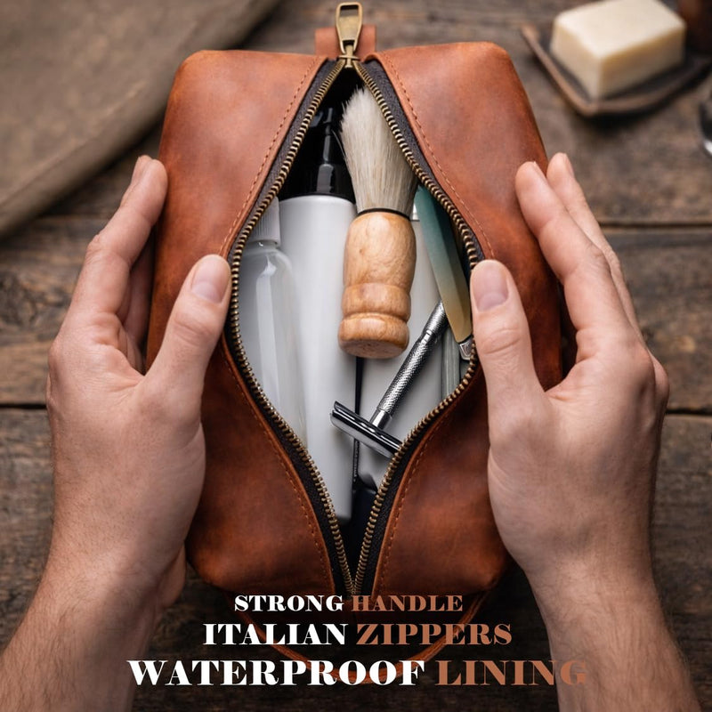 Leather Toiletry Bag for Men Handmade in USA – Full Grain Genuine Leather Dopp Kit with Waterproof Lining for Travel and Toiletries – Gifts for Men, Dad, Husband, Boyfriend, Friend