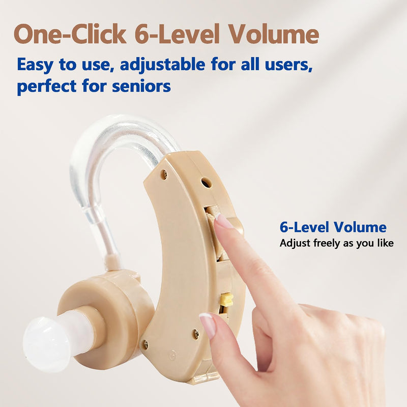 Hearing Amplifier for Adults & Seniors (Pair), Behind-the-Ear Personal Hearing Support Device with 6 Volume Levels, Noise Reduction for Clear Conversations & TV, 6 Domes, Battery Powered, Case Beige 2-pack