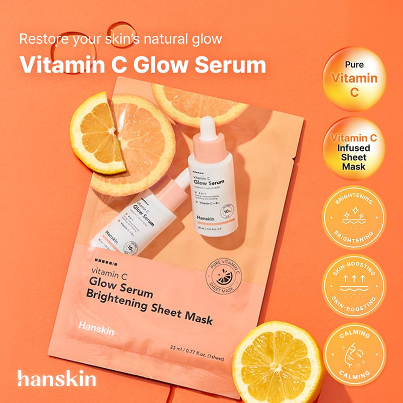 Hanskin Vitamin C Glow Sheet Mask – Korean Brightening & Hydrating Face Mask with Vitamin C + Niacinamide for Radiant, Even-Toned Skin | Glowing, Revitalizing Serum Mask | 10EA