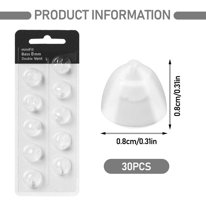 30 Pcs Hearing Aid Domes for Oticon, 8mm Double Vent Bass Domes Hearing Aid Accessories Compatible with Oticon Minifit (White)