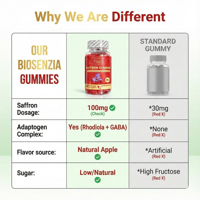 Saffron Flavoured Gummies with Lemon Balm & Rhodiola – Soft Supplement Fruit Gummies – Apple Flavour – Vegetarian – 60 Gummies