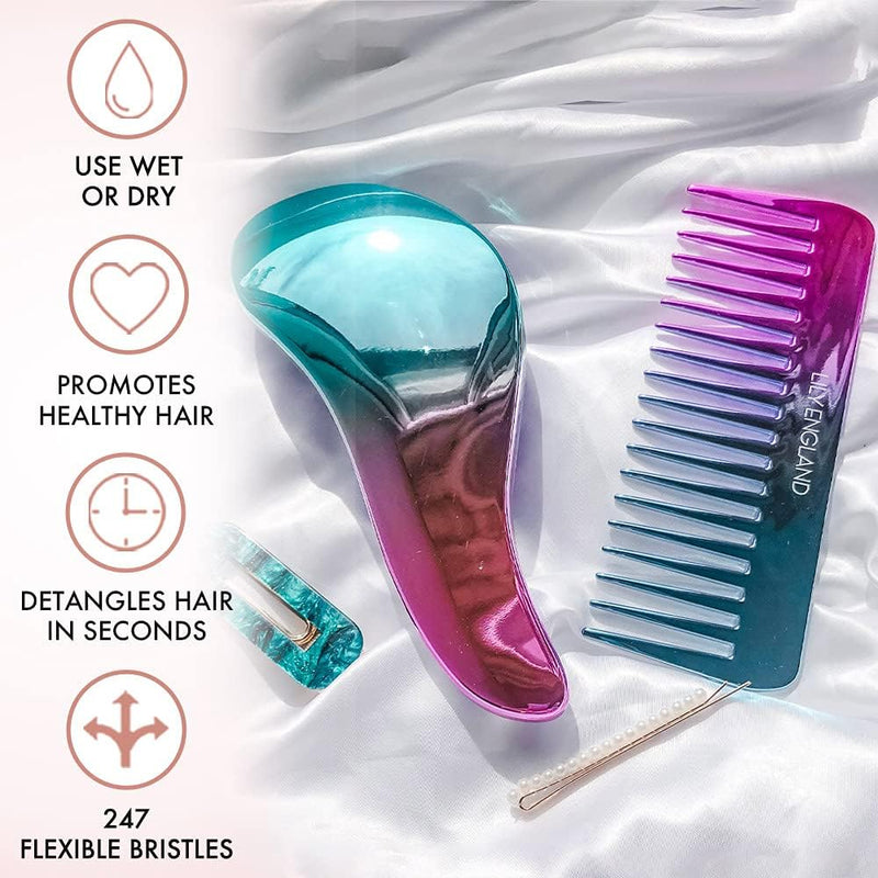 Lily England Detangler Brush & Comb Set - Lightweight Wide Tooth Detangling Tool for Women & Kids - Smooths Curly, Straight, Dry, Fine, & Thick Hair, Purple Mermaid 2 Pack