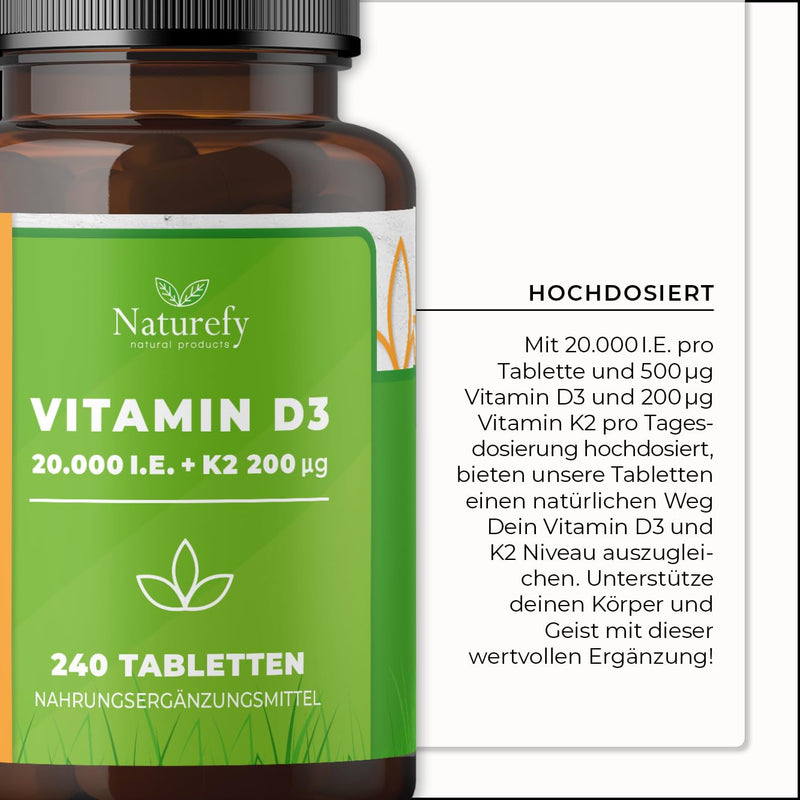 [Australia] - Vitamin D3 K2 high dose 20,000 - 240 tablets - Vitamin D 20,000 IU - Vitamin D3 K2 tablets - Vitamin D3 + K2 high dose 