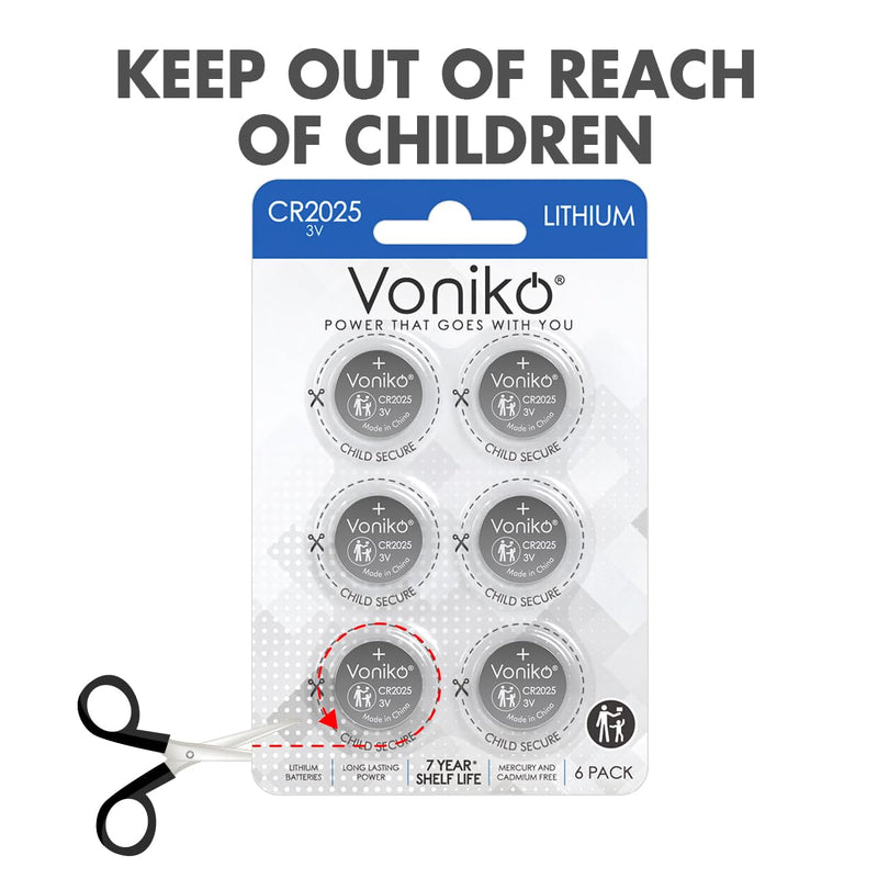 [Australia] - Voniko 3 Volt CR2025 Battery 6 Pack – CR 2025 Button Cell Battery – 2025 Lithium Coin Batteries, 7 Years Shelf Life 6 Count (Pack of 1) 