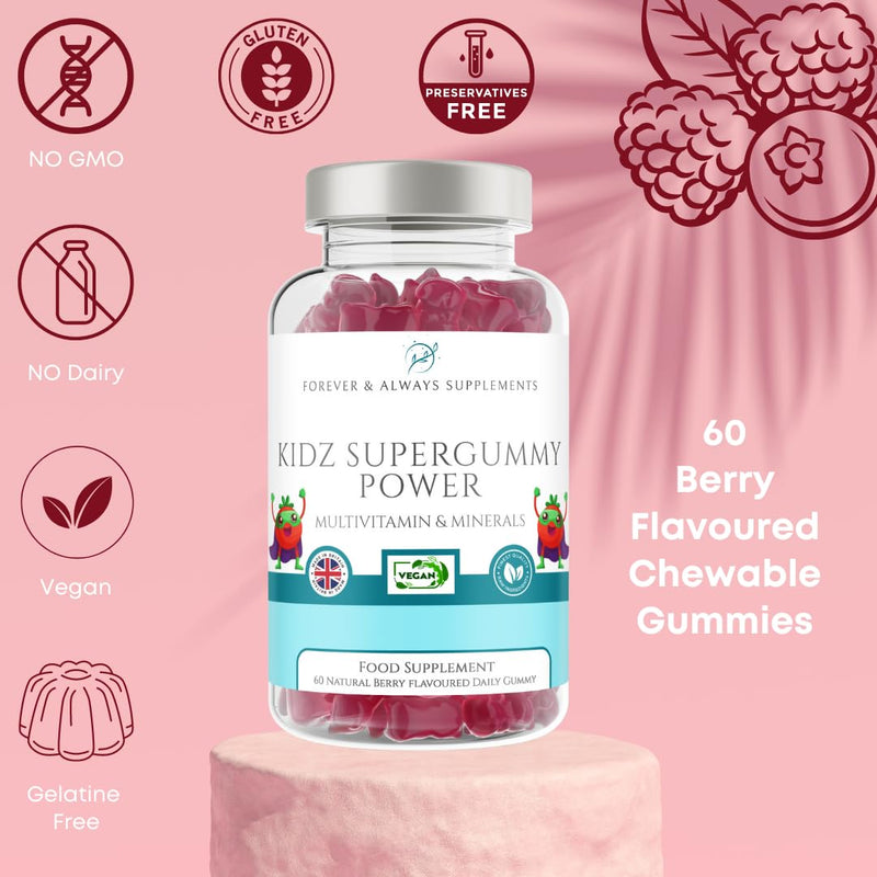 Multivitamin Gummy for Kids - 60 Natural Berry Flavoured Vitamins & Mineral Gummies for Children - Free from Artificial sweeteners - Vitamins D, C, A, B, & E chewable Supplements 3 Years +