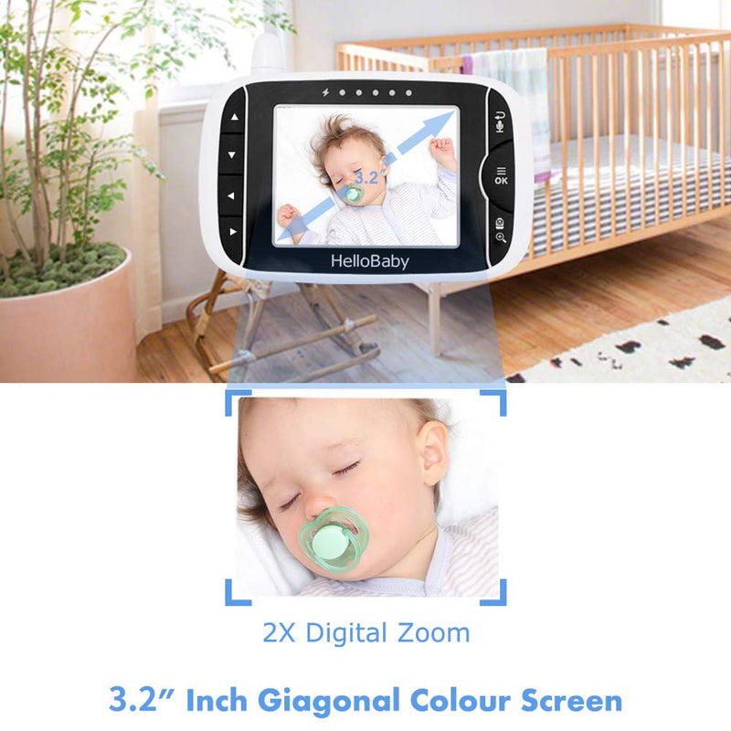 [Australia] - HelloBaby Video Baby Monitor with Remote Camera Pan-Tilt-Zoom, 3.2'' Color LCD Screen, Infrared Night Vision, Temperature Display, Lullaby, Two Way Audio 3.2 inches 