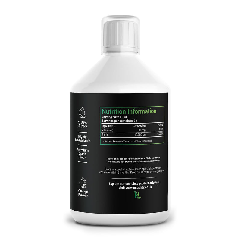 Liquid Biotin 10,000mcg | Orange Flavour | 33 Day Supply | 500ml | Hair Growth Vitamins & Biotin Supplements | Extra Strength Vitamin C & B7 for Hair, Skin & Nails | 3X Absorption