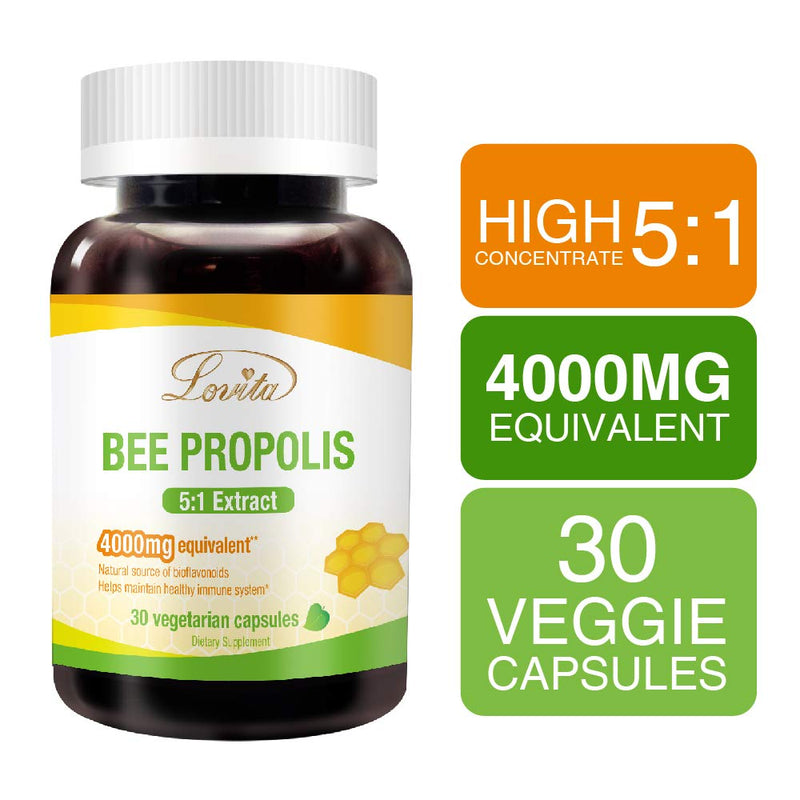 Bee Propolis Capsule | 4000mg Equivalent | 5:1 Concentration | Natural Propolis Extract | 30 Vegetarian Capsules (1 Months Supply) 30 Count (Pack of 1) Classic Packaging