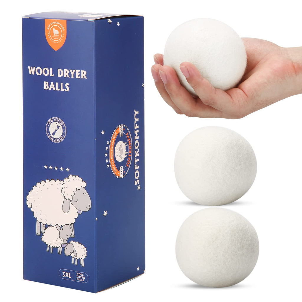 Wool Dryer Balls Handmade 3 Pack XL,Organic Laundry Dryer Balls,100% New Zealand Wool Natural Fabric Softener,Reusable 1000 Loads,Wrinkles Free, Shorten Drying Time,Baby Safe (3 Pack,White) Natural White