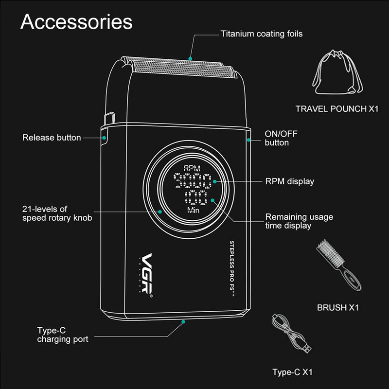 [Australia] - VGR 377 Foil Shaver for Men, Electric Razor for Shaving Face with Double Foil, 21-Speed 9000 RPM Motor Bald Shavers LED Display Titanium Foils, Barber Supplies (Black), Men's Gifts Black 