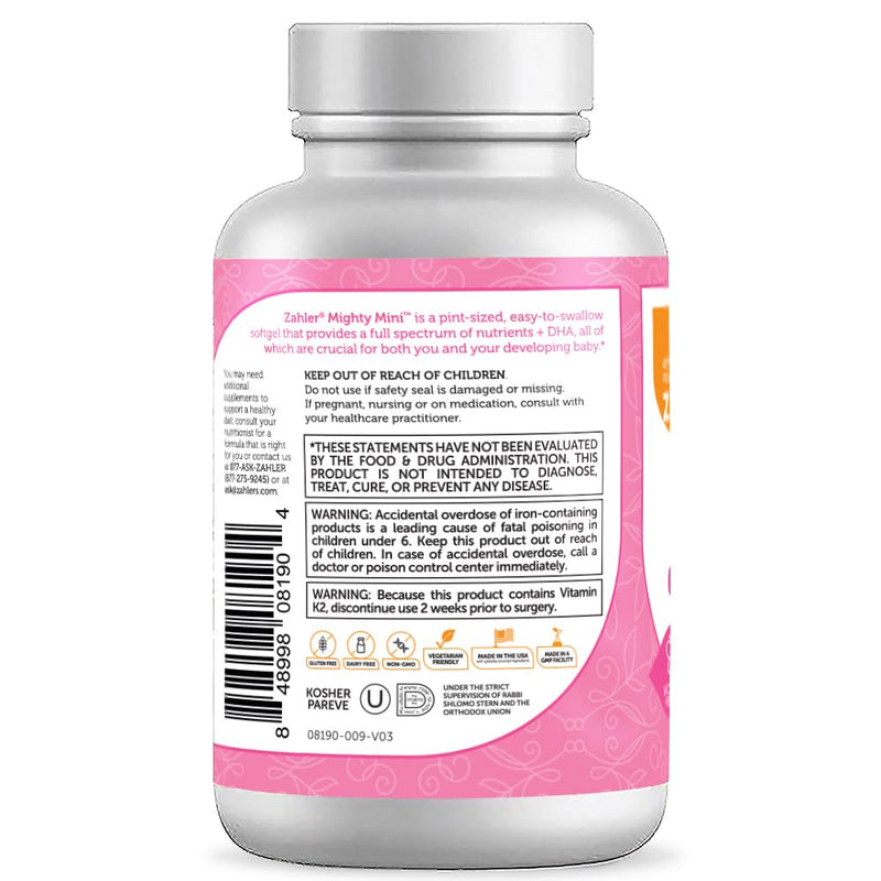[Australia] - Zahler Mighty Mini Prenatal Vitamin with DHA & Folate - Certified Kosher - All Natural Prenatal Vitamins - Multivitamin for Pregnant Women - 19 Prenatal Vitamins Including Folic Acid (90 Softgels) 