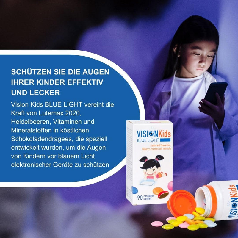 [Australia] - VISION Kids BLUE LIGHT - Protection against blue light from tablets, PCs and smartphones - Zinc, vitamins C and E - Lutein and zeaxanthin - For children - 90 chocolate flavored candies 