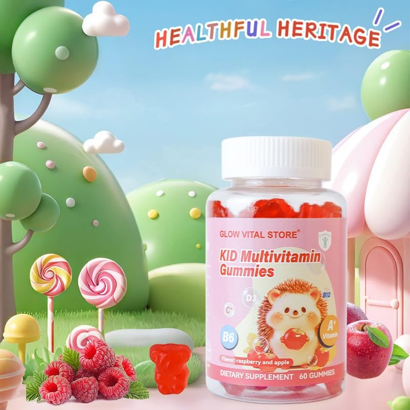 Kids Multivitamin Gummies – Vitamins A, C, D3, B6, B12 for Immune & Brain Support – Raspberry & Apple Flavor – Vegan, Non-GMO, Gluten-Free – 60 Gummies – Glow Vital Store (1) 1
