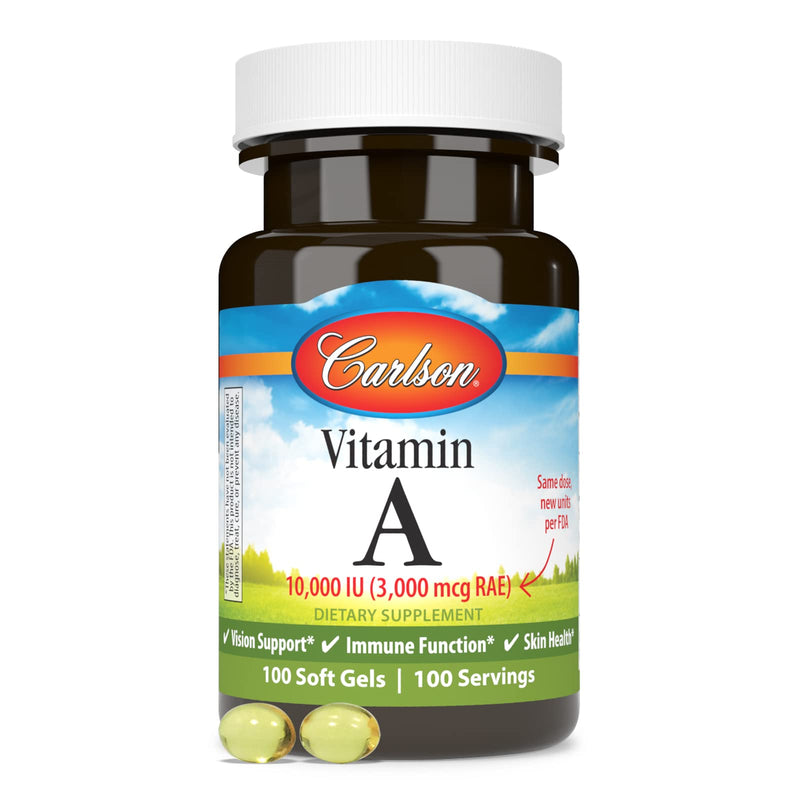 Carlson Vitamin A, 10000 IU (3000 mcg RAE), Vision Health, 100 Softgels | Promotes healthy vision and skin 1 Count (Pack of 100)