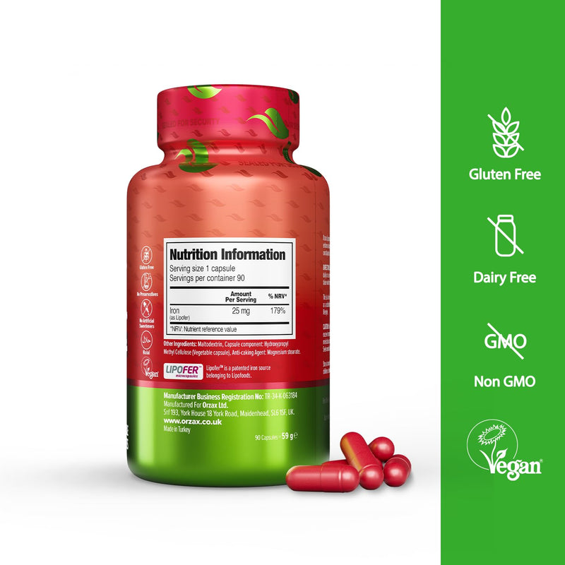 ORZAX Iron Supplement 25 mg -Liposomal Technology- High Bioavailability 90 Vegetable Capsules, Non-Constipating, Non-GMO & Gluten Free, for Women, Men, Adults