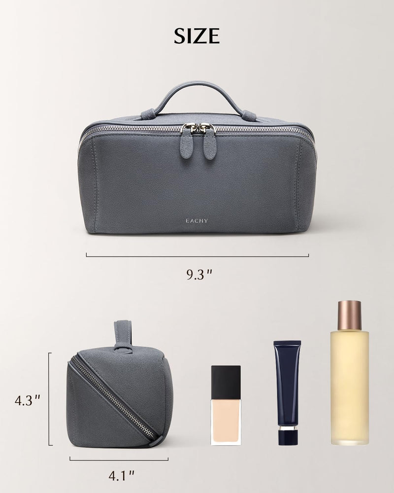 EACHY Leather Makeup Bag, Portable 180° Wide-Open Flat Cosmetic Bag for Women, Large Capacity Make Up Organizer Makeup Pouch with Divider and Handle B-Blue Medium