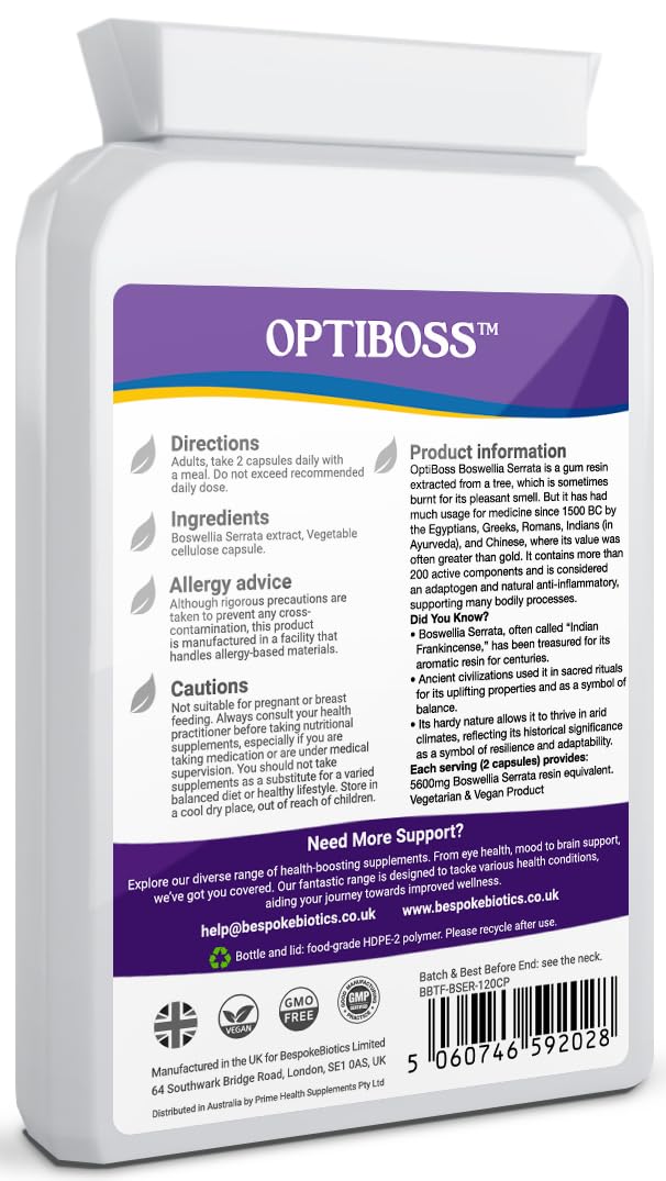 Boswellia Serrata 5600mg 120 Capsules (V) OPTIBOSS Strong Anti-inflammatory & Joint Support, Lung, Skin & Gut. Indian Frankincense Vegan Made in the UK to high GMP Standards