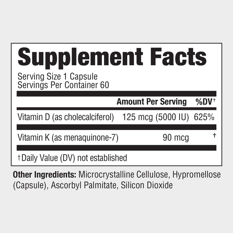 PureFormulas Vitamin D3 K2 Supplement, 5000 Iu Vitamin D3 and 90 mcg Vitamin K2, Supports Bone Strength, Calcium Balance, Heart Health, Gluten-Free & Non-GMO, 60 Capsules for Optimal Wellness