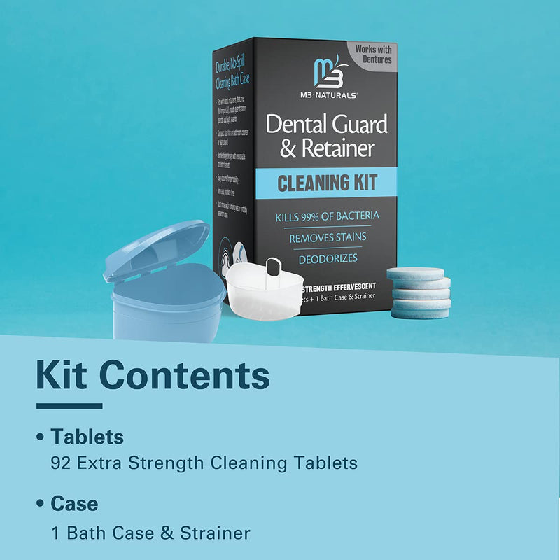 [Australia] - Retainer Cleanser Tablets and Soak Container Universal No Mess Denture Cleaning Tablets and Denture Bath Case Strainer Multipurpose Bath Cup Mouth Guard Cleaner for Stains Odor Plaque by M3 Naturals 