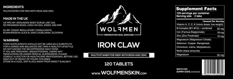 WOLFMEN Iron Claw - Multivitamin for Men with Iron & Zinc – 120 Tablets, 2 Month Supply – UK Made