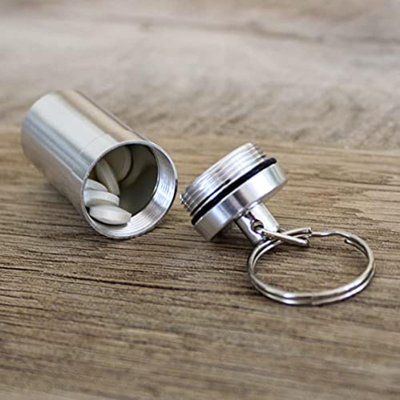 EZY DOSE Keychain Pill Box and Medicine, Vitamin Container, Safe for Money & Travel Items, Metal Canister, Medium Compartments, Various, BPA Free Silver