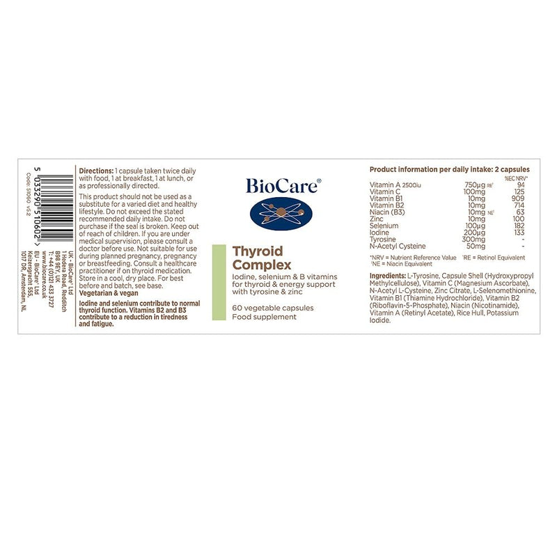 BioCare Thyroid Complex - Iodine, Selenium, Vitamins B2 & B3 for Thyroid & Energy Support - with Zinc & Tyrosine - 60 Capsules 60 count (Pack of 1)