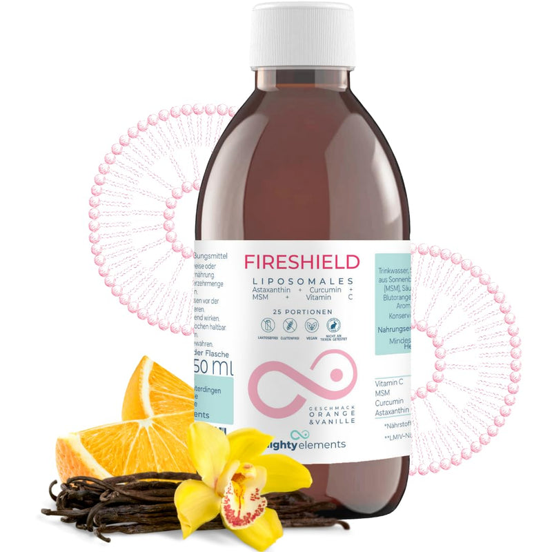 [Australia] - Mighty Elements Liposomal Fireshield 4 in 1, Astaxanthin 8 mg, Curcumin 100 mg, MSM 500 mg, Vitamin C 500 mg, Orange / Vanilla Flavor, Vegan, Gluten Free, High Bioavailability 250ml 