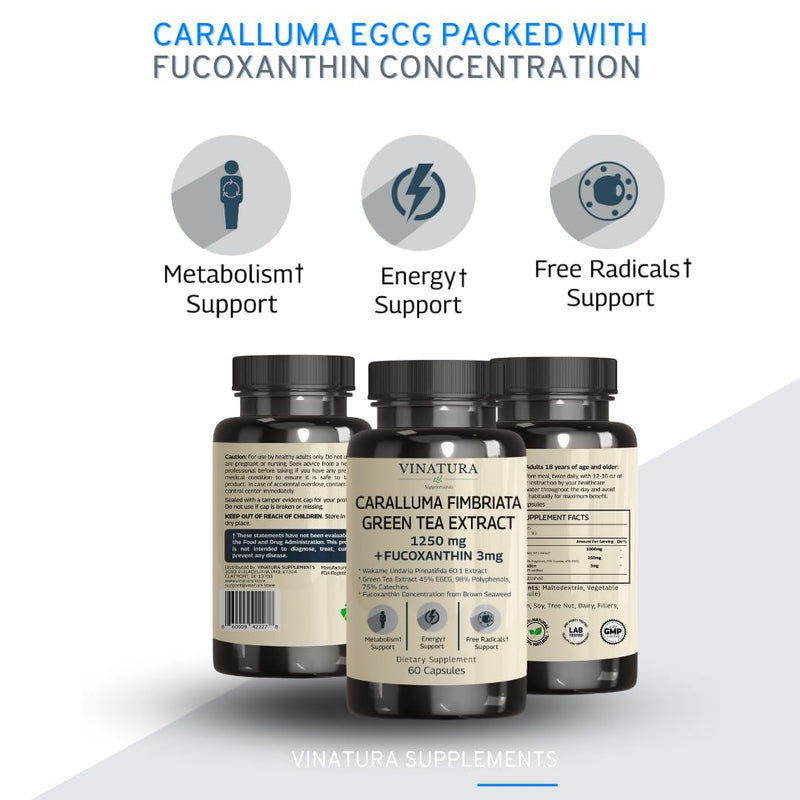 [Australia] - Caralluma Fimbriata, EGCG 45% Extract 1250mg + Fucoxanthin 3mg per Serving *USA Made & Tested* for Immune Support, Energy and Mental Focus - 60 Capsules 30 Servings 