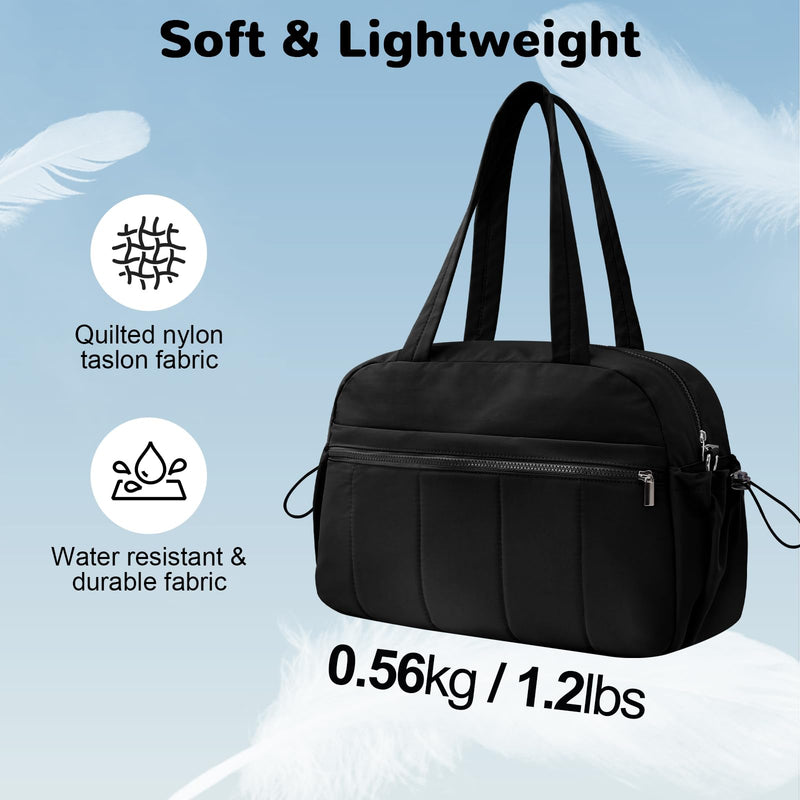 Small Gym Bag for Women, 20L Personal Item Travel Duffle Bag, Black | with Wet Pocket, Water Resistant, Lightweight, Puffer, Quiled, Airplane Friendly Carry on, for Overnight Weekender Sports