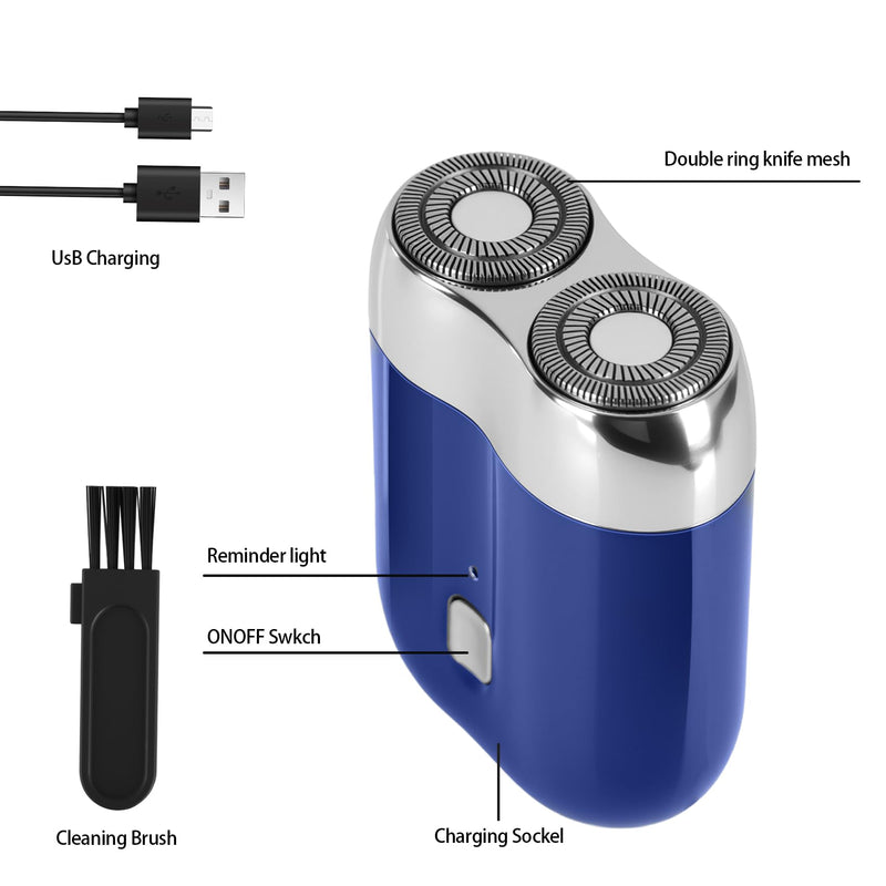 [Australia] - Mini Electric Shaver for Men Women, Pocket Dual Head Shaver, Rechargeable Waterproof Compact Travel Electric Razor, USB Close Battery Portable Razor for car, Travel, Office, Home use (Blue) Blue 