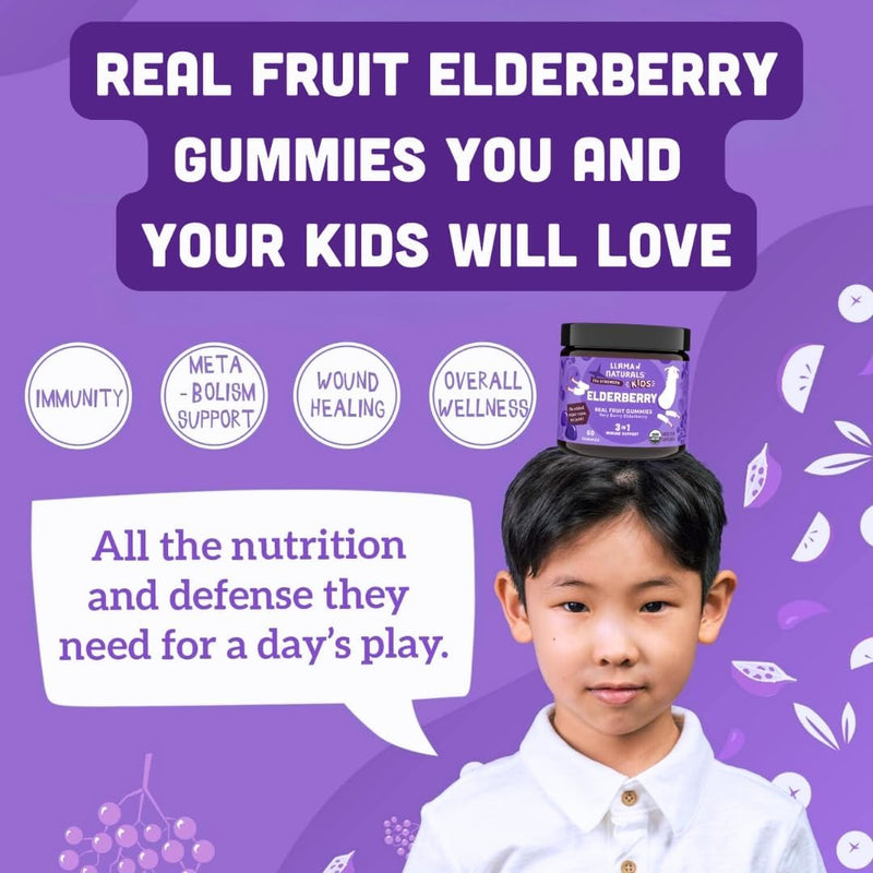 [Australia] - Llama Naturals Elderberry Gummies for Kids, Vegan, Organic Immune Support Supplement with Vitamin C and Zinc, Toddler Real Fruit Gummy Vitamins for Immunity, Chewable, No Added Sugar Cane, 60 Ct Kids Elderberry 60 Count (Pack of 1) 