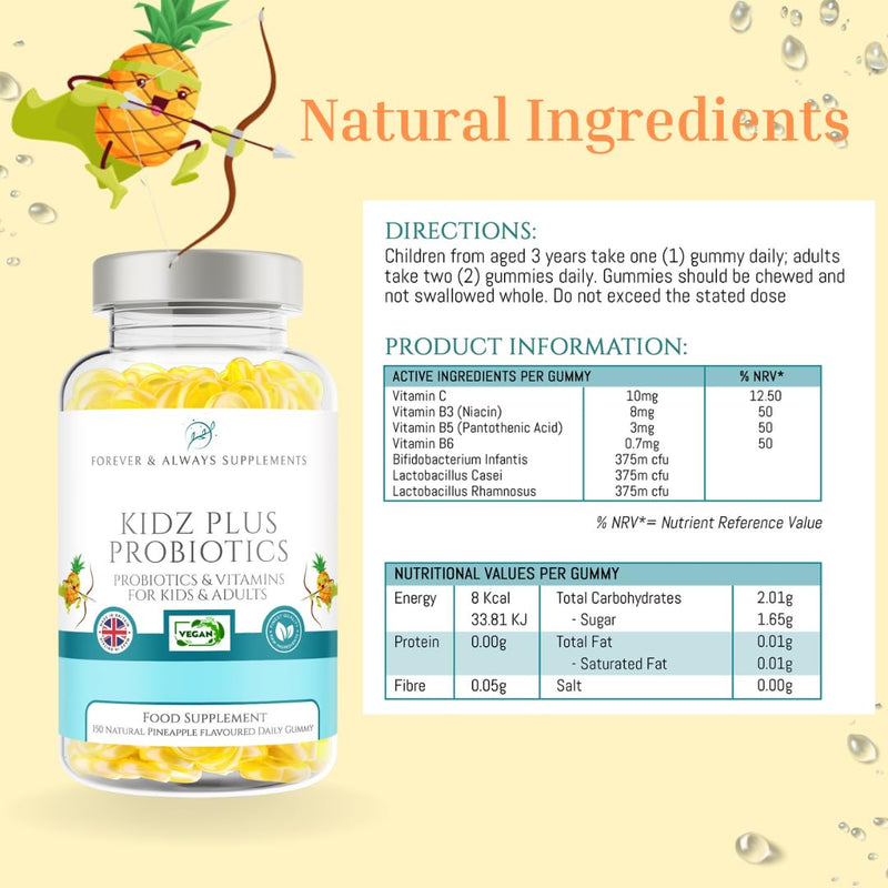Probiotic Gummies for Kids & Adults - 150 x Natural Pineapple Flavoured Gummy Vitamins with Active Bacteria, Vitamin B3, B5, B6 & C - Immune System, Energy & Gut Health Support