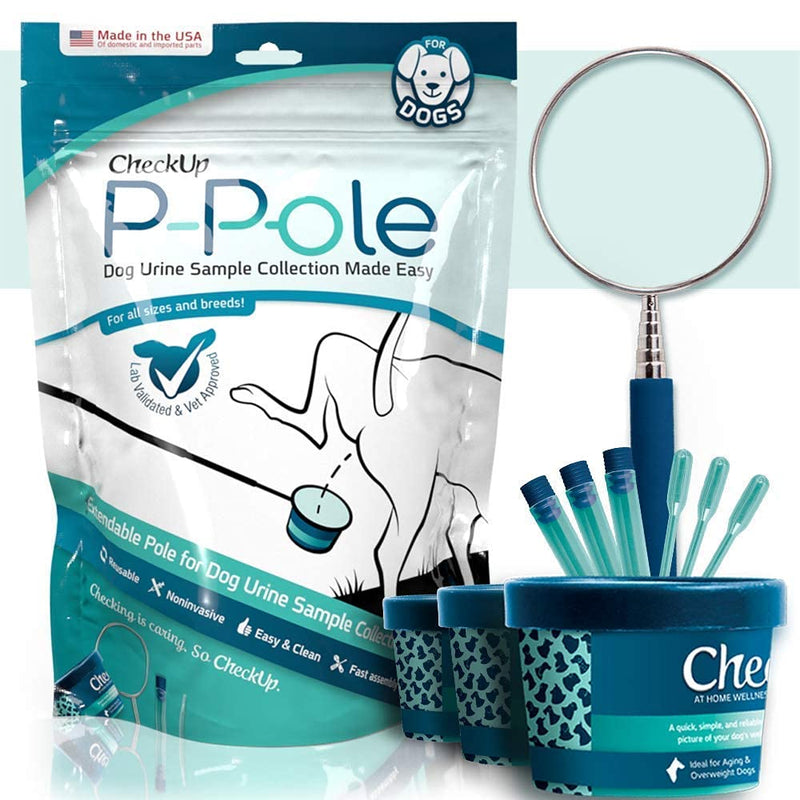 CheckUp Dog P-Pole Sample & Test UTI Bundle - P-Pole Telescopic Pole, Cup, Pipette and Vial for Dog Urine Collection with CheckUp pH, Leukocytes, and Nitrite Levels Testing Strips x 50