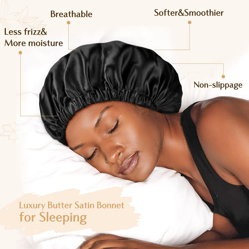 [Australia] - YANIBEST Satin Bonnet Silk Bonnet Hair Bonnet for Sleeping Hair Bonnets for Women Curly Natural Hair One Size Black 