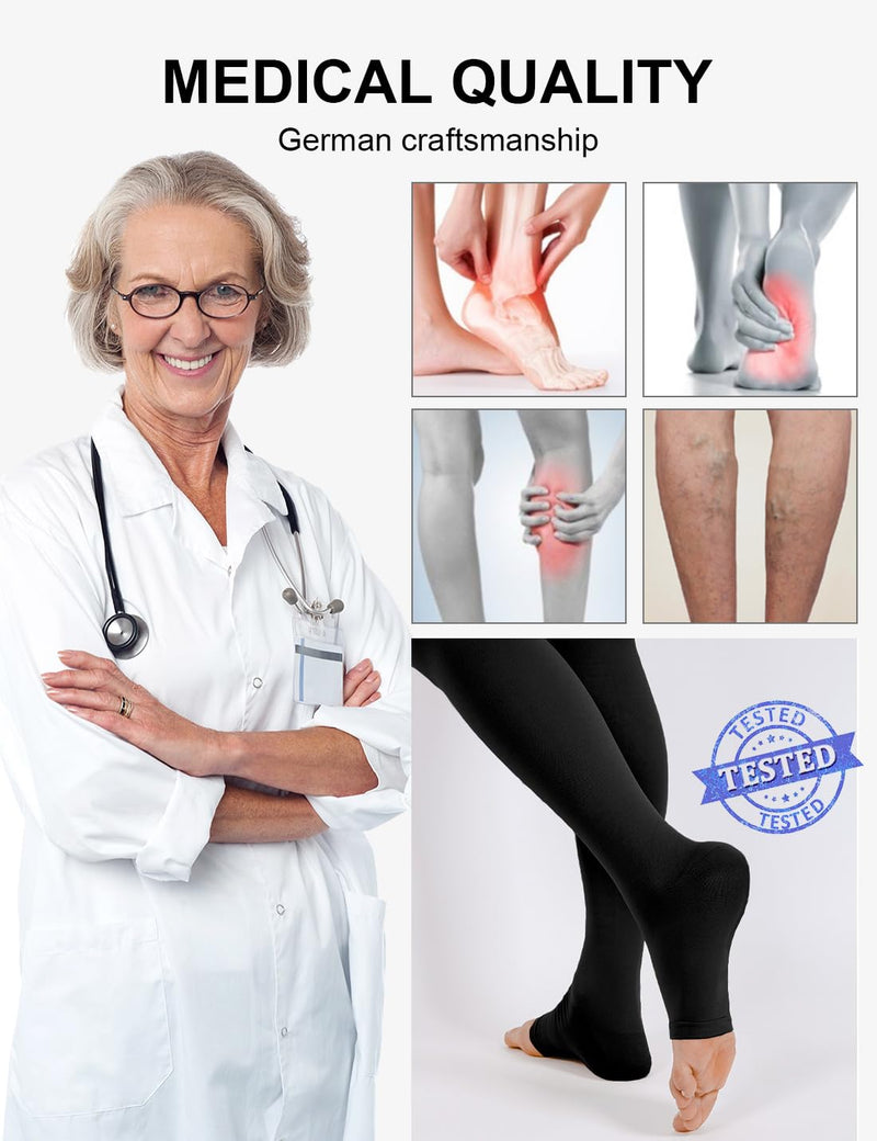 [Australia] - 2 pairs of medical compression stockings for women and men, 20-30 mmHg, class 2, open toe, graduated support, support stockings for varicose veins, edema, flight XXL, black and beige 