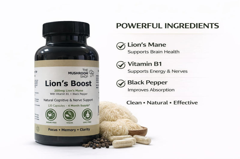 Lion’s Mane Capsules 200mg (10:1 Extract) – 120 Capsules (4 Month Supply) – with Vitamin B1 & Black Pepper – Mushroom Shop