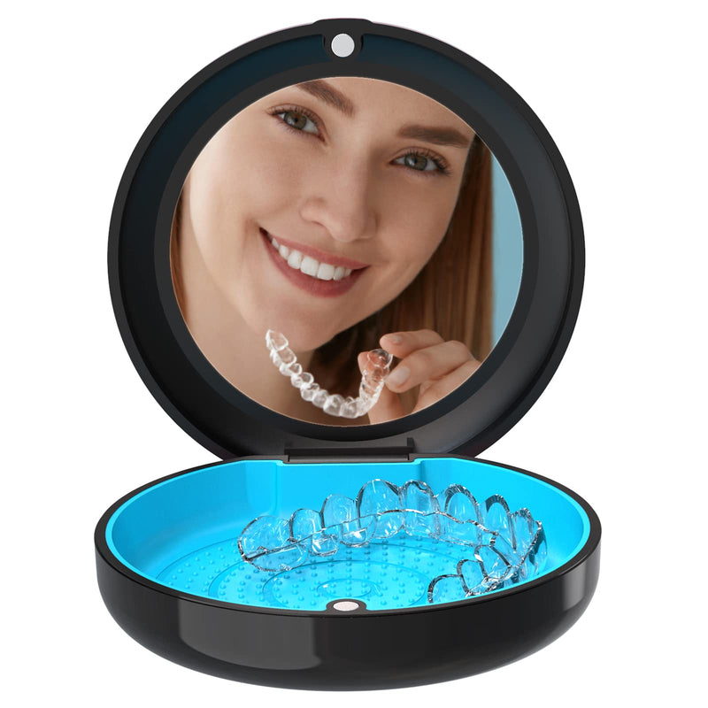 BVN Retainer Case with Mirror Denture Case Orthodontic Dental Case, Braces Case, Mouth Guard Case, Teeth Aligner Case, Night Guard Case Container Storage Holder Black. Circular case with mirror Black Shell+blue Silicone Pad