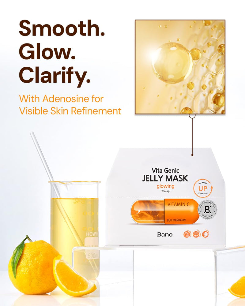 Bano Vita Genic Jelly Glowing Sheet Mask | Korean Calming Face Mask | 20EA | Glow Face Mask for Sensitive Skin | Vitamin C | Biotin & Niacinamide | Pore Mask for Sensitive Skin | Skincare for Glass Skin 1 Count (Pack of 20)