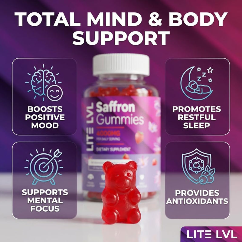 LITE LVL - 60 x Natural Strawberry Flavoured Saffron Extract Gummies - Daily Serving 2 Gummies per Day - Relax Unwind- Rich in Antioxidants - Saffron Supplement