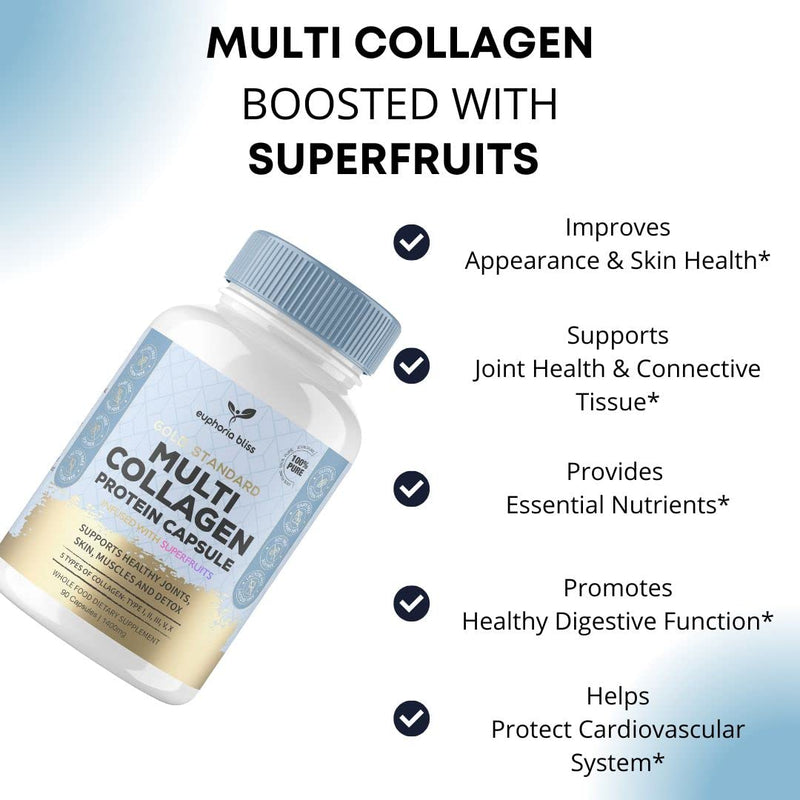 High Strength Multi Collagen 1400MG Tablets with Turmeric & Kelp, Skin, Hair, Nails & Joints, with Hyaluronic Acid, Blueberry, Biotin, Vitamin C, E, B2, B7 Minerals, Hydrolysed Type 1 90 Capsule