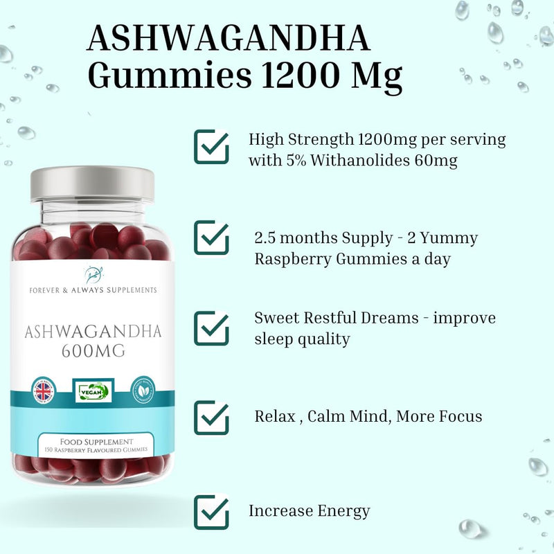 Ashwagandha High Strength Gummies (150) 1200mg per serv - Raspberry Flavoured Gummies for Adults - Sleep, Mind, Calm, Focus & Melatonin Support Supplements
