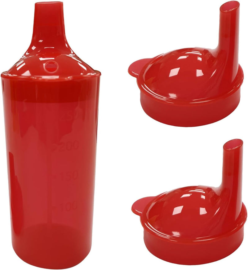 Plastic Feeding Cup with 2 Lids Adult Feeder Beaker with Large & Small Spouts, Straw Holes – Ideal for Liquids & Blended Foods – Easy to Hold, Spill-Resistant, Perfect for Home & Hospital Use (Red) Red