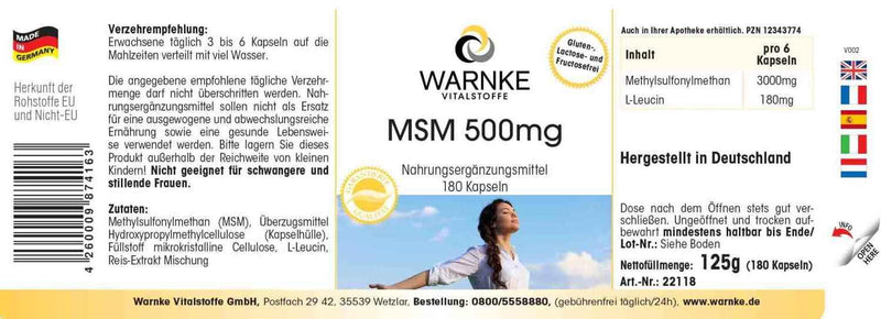 [Australia] - MSM 500mg - 180 capsules - high dose - methylsulfonylmethane | Warnke vital substances - German pharmacy quality 