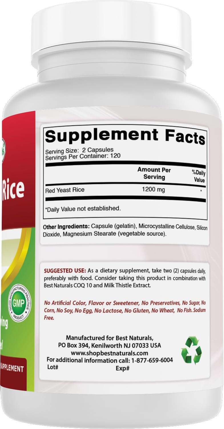 [Australia] - Best Naturals Red Yeast Rice 1200mg Per Serving 240 Capsules - Premium Formula - 3rd Party Lab Tested 