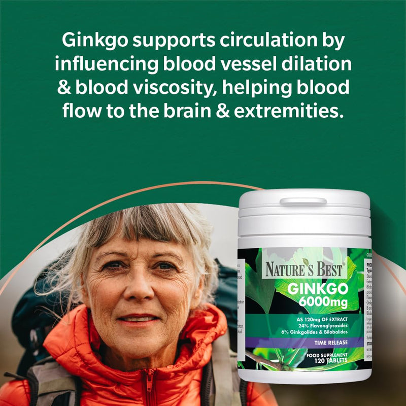 Nature's Best Ginkgo Biloba 6000mg - High Strength - Pure Grade Extract and Time Release Formula - UK Made - 120 Vegan Tablets (2 Months' Supply)