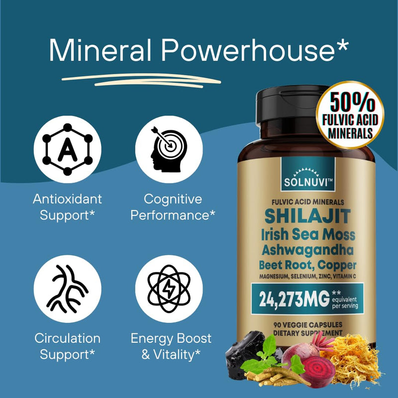 [Australia] - Shilajit Pure Himalayan Organic Capsules 15000mg with Irish Sea Moss, Ashwagandha, Copper, Beet Root - Fulvic Acid Trace Minerals Supplement for Men & Women - 90 Count, Non-GMO, Gluten-free 