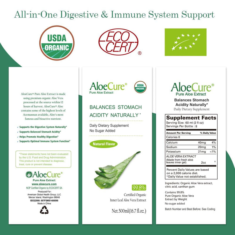 [Australia] - AloeCure USDA Organic Aloe Vera Juice Made Within 12 Hrs of Harvest - Pure Aloe Juice Natural Digestive Supplement to Support Digestion, Immune System and Balanced Stomach Acidity, 500ml Bottle 1 