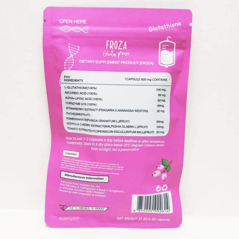 Froza Gluta Pure Natural & Organic Glutathione Coenzyme Q10 Vitamin C & Alphalipoic Acid Straberry Extract Flavoured Capsules - 60 Capsules
