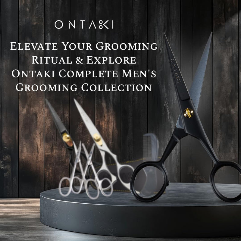 [Australia] - ONTAKI Professional German Steel Beard Scissors 5" Men's Mustache Scissors with Beard Comb and Carry Case Hand Forged Bevel Edge Precision Facial Hair - Black 