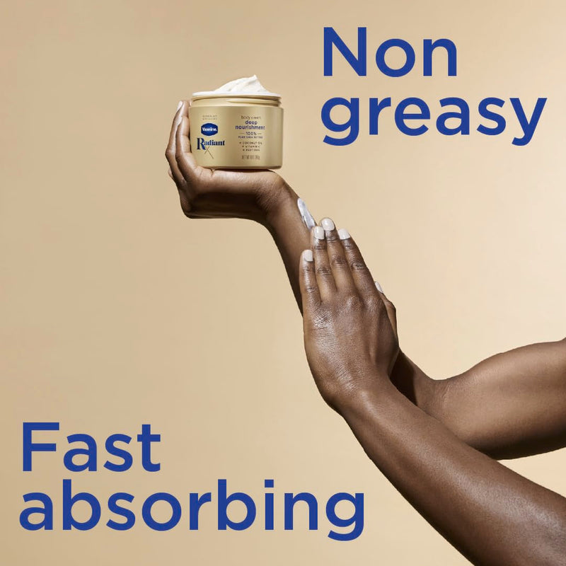 Vaseline Radiant X Deep Nourishment Body Cream 100% Pure Shea Butter, Coconut Oil, Vitamin C, & Peptides 10 oz 10 Ounce (Pack of 1) Skin moisturizer